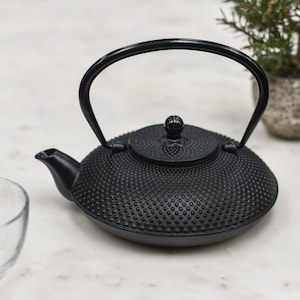 May include: A black cast iron teapot with a textured surface and a rounded lid. The teapot has a black handle and a spout.