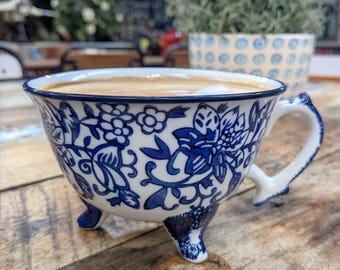 Handcrafted Blue & White Floral Ceramic Teacup, Three Feet Quirky and Cute Design, Tea Lovers Gift Idea