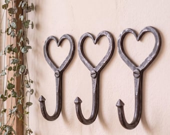 Set of Three Wrought Iron Heart Hooks
