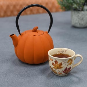 May include: A matte orange pumpkin-shaped teapot with a black arched handle and a matching lid, paired with a cream-coloured ceramic teacup decorated with a colourful pattern of autumn leaves, berries, and thin brown branches filled with dark tea.