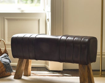 Dark Brown Leather and Mango Wood Bench, Hand Turned Wood
