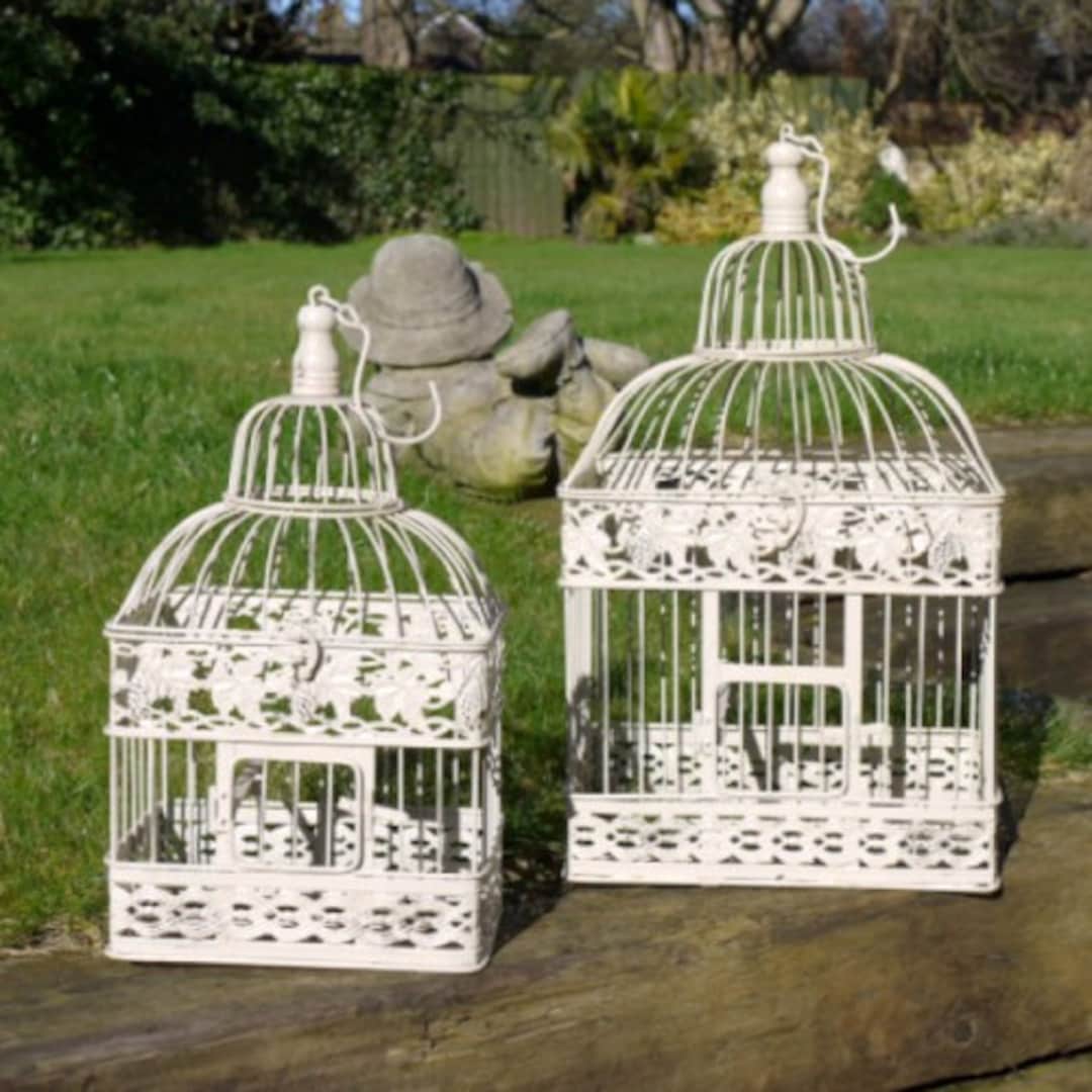 Set of 2 Antique White Bird Cage Planters: Shabby Chic Garden Decor ...