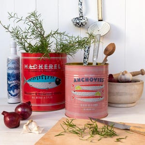 May include: A large red tin labelled Mackerel in tomato & basil sauce and a smaller pink tin labelled Anchovies in olive oil & lemon. The tins are used as containers for rosemary sprigs and kitchen utensils, accompanied by red onions and garlic.