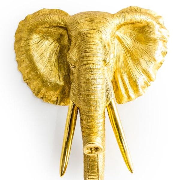 Gran cuadro de pared con cabeza de elefante dorada antigua