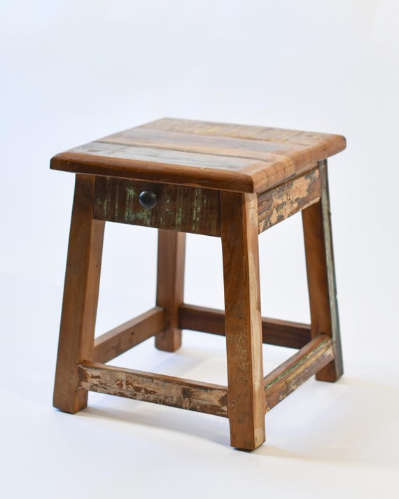 Reclaimed Wooden Stool with Draw | H30cm  Vintage Style Home Furniture/Decor