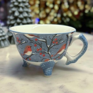 Handcrafted Christmas Robin Design Ceramic Teacup | Three Feet Quirky Design