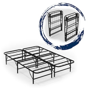 May include: Black metal bed frame with a sturdy construction. The frame is made of metal and has a black finish. The frame is designed to support a mattress and is easy to assemble.