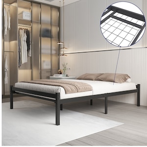 May include: A black metal bed frame with a slatted support system. The bed frame is sitting on a white rug in a bedroom setting.
