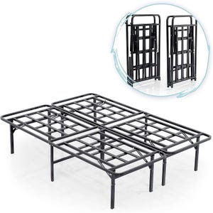 May include: Black metal bed frame with a sturdy construction and a folding design. The frame is made of metal and has a black finish. The frame is designed to support a mattress and is suitable for a variety of bed sizes.