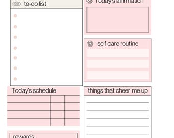 May include: A pink and white daily journal page with sections for a to-do list, affirmations, self-care routine, schedule, rewards, and things that cheer you up. The title "MY DAILY JOURNAL" is at the top.