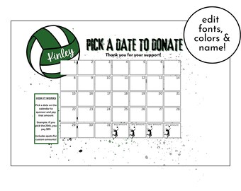 Editable Volleyball Fundraising Calendar Template | Canva Template | Printable Donation Challenge | Team Spirit Fundraiser