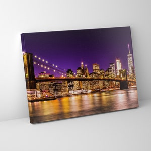 Brooklyn Bridge NYC at Night Mounted Canvas - Ready to Hang - Premium Posters - Office Wall Decor - Gift