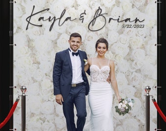 Custom Printed Wedding Photo Backdrop – White Roses with Stand