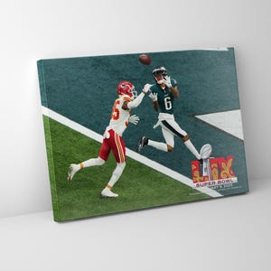 May include: A football player in a red jersey jumps to catch a football thrown by a player in a green jersey. The green jersey player is wearing the number 6. The background is a green field with white lines. The text "LIX SUPER BOWL" is visible in the bottom right corner.