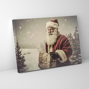 Santa Christmas | Santa with Present | Christmas Canvas | Vintage Santa |  Mounted Print Canvas | Ready to Hang  | Poster | Wall Decor