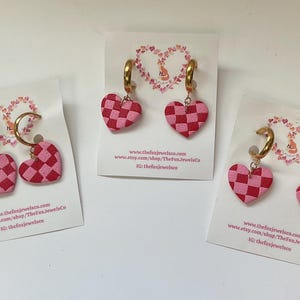 Valentines Day Cay Earrings | Pink Checkered Heart Hoops | Simple and Elegant Dangles | Pink and Red Checkered Hearts