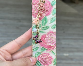 Pink Rose Stained Glass Bookmark – Handmade Polymer Clay with Resin – Floral Bookmark with Charms – Book Lover Gift