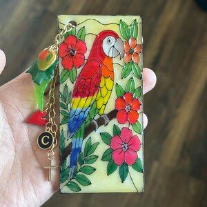 Handmade Parrot Bookmark – Stained Glass Resin Bookmark with Charms – Colorful Bird Gift – Custom Colors Available