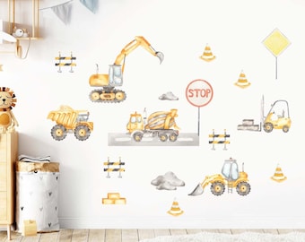 Construction Truck Wall Decal Kids Room Watercolor Trucks Wall Decor Excavator Wall Stickers Art Nursery Yellow Trucks Peel and Stick Boys