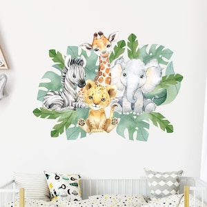 Calcomanías de pared con animales de safari, calcomanías de pared con acuarela, decoración de pared con animales de la jungla, elefante, león, jirafa, decoración para habitación de bebé, despegar y pegar