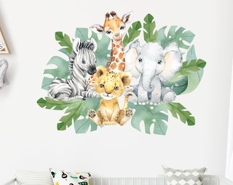 Safari Tier Wandaufkleber, Aquarell Wand Aufkleber, Kunst, Dschungel Tiere Wanddekoration, Elefant Löwe Giraffe, Baby Kinderzimmer Dekor zum Schälen und Aufkleben