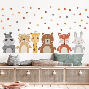 Calcomanías de pared con animales bohemios, calcomanías de pared con acuarela de animales de dibujos animados, decoración de pared con animales del bosque, decoración de guardería con lunares para despegar y pegar