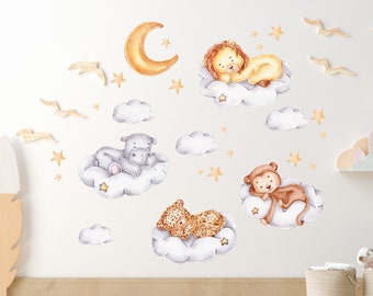 Sleeping Safari Animals Wall Decal Watercolor Lion Clouds Decor Art Peel and Stick Elephant Kids Sticker Giraffe Baby Nursery Mural Gift