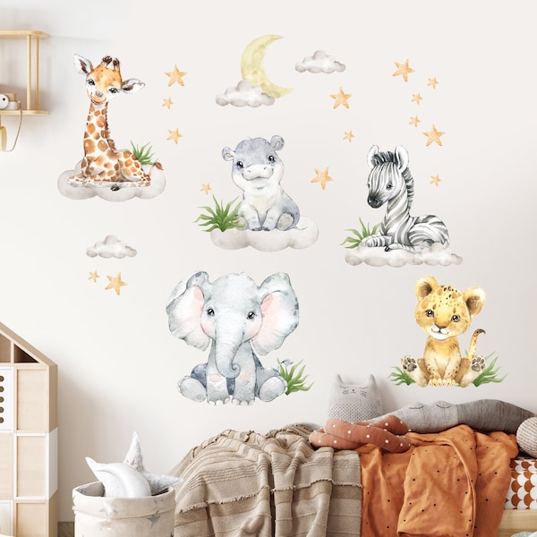 Baby Safari Animals Wall Decal Kids Clouds Watercolor Decor Art Peel and Stick Kids Sticker Stars Nursery Room Mural Print Poster Gift