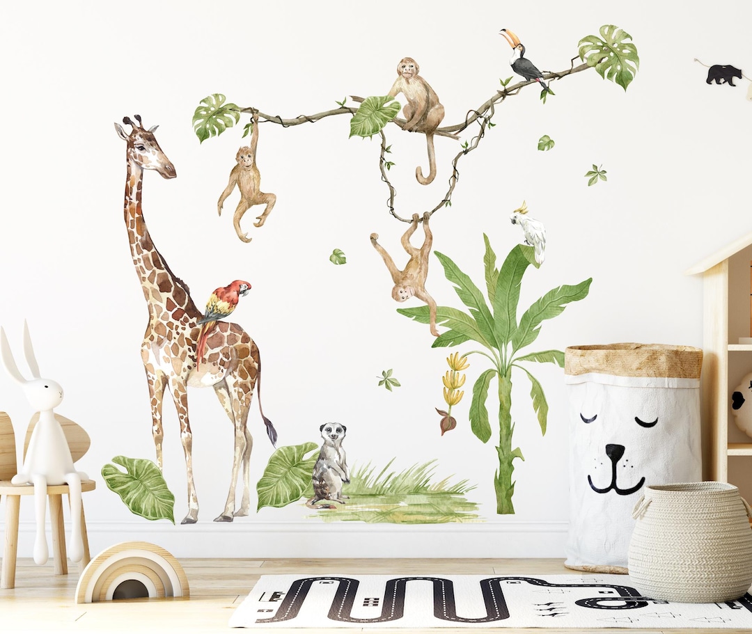 Jungle Animals Wall Decal Stickers, Watercolor Giraffe Theme, Monkey ...