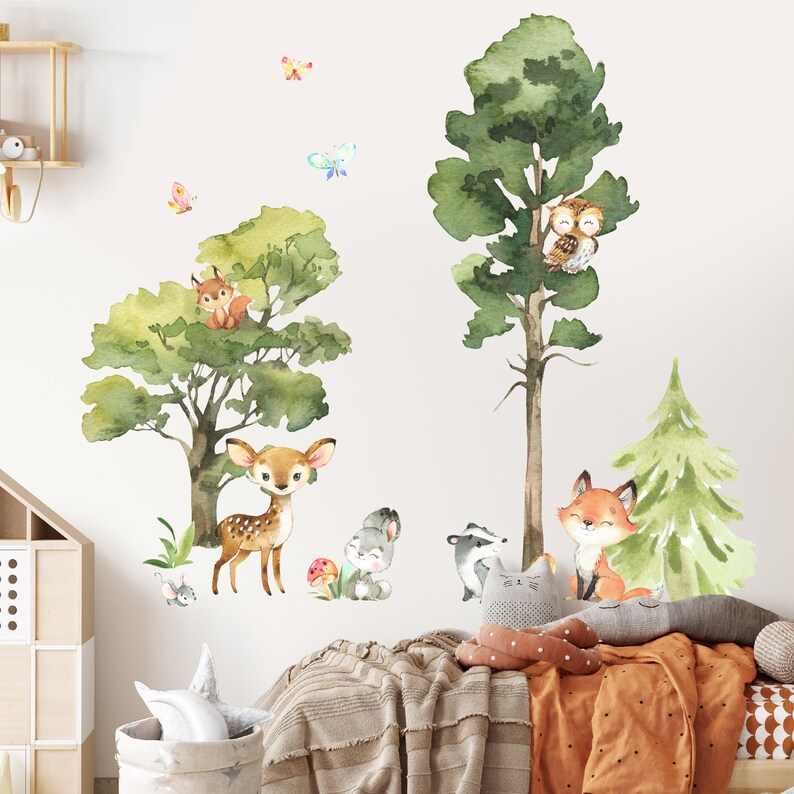 Baby Woodland Animals Wall Decal Decor Art Watercolor Forest Theme Fox ...