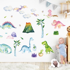 Baby Dinosaur Wall Decal Stickers Watercolor Kids Room | Dinosaur Wall Art Decor Nursery | Dinosaurs World Theme Peel and Stick Vinyl Decals