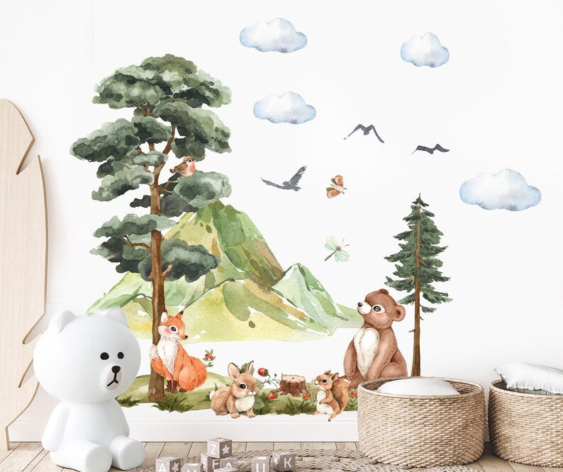 Forest Animals Wall Decal Watercolor Kids Room Forest Wall Decor ...