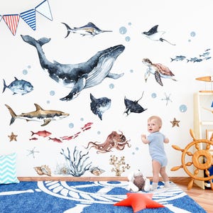 Ocean Animals Wall Decal Stickers, Ocean Animals Art Decor, Watercolor Sealife Decorations Peel and Stick Nursery Room Print Mural Gift