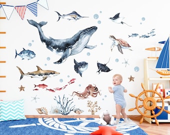 Ocean Animals Wall Decal Stickers, Ocean Animals Art Decor, Watercolor Sealife Decorations Peel and Stick Nursery Room Print Mural Gift