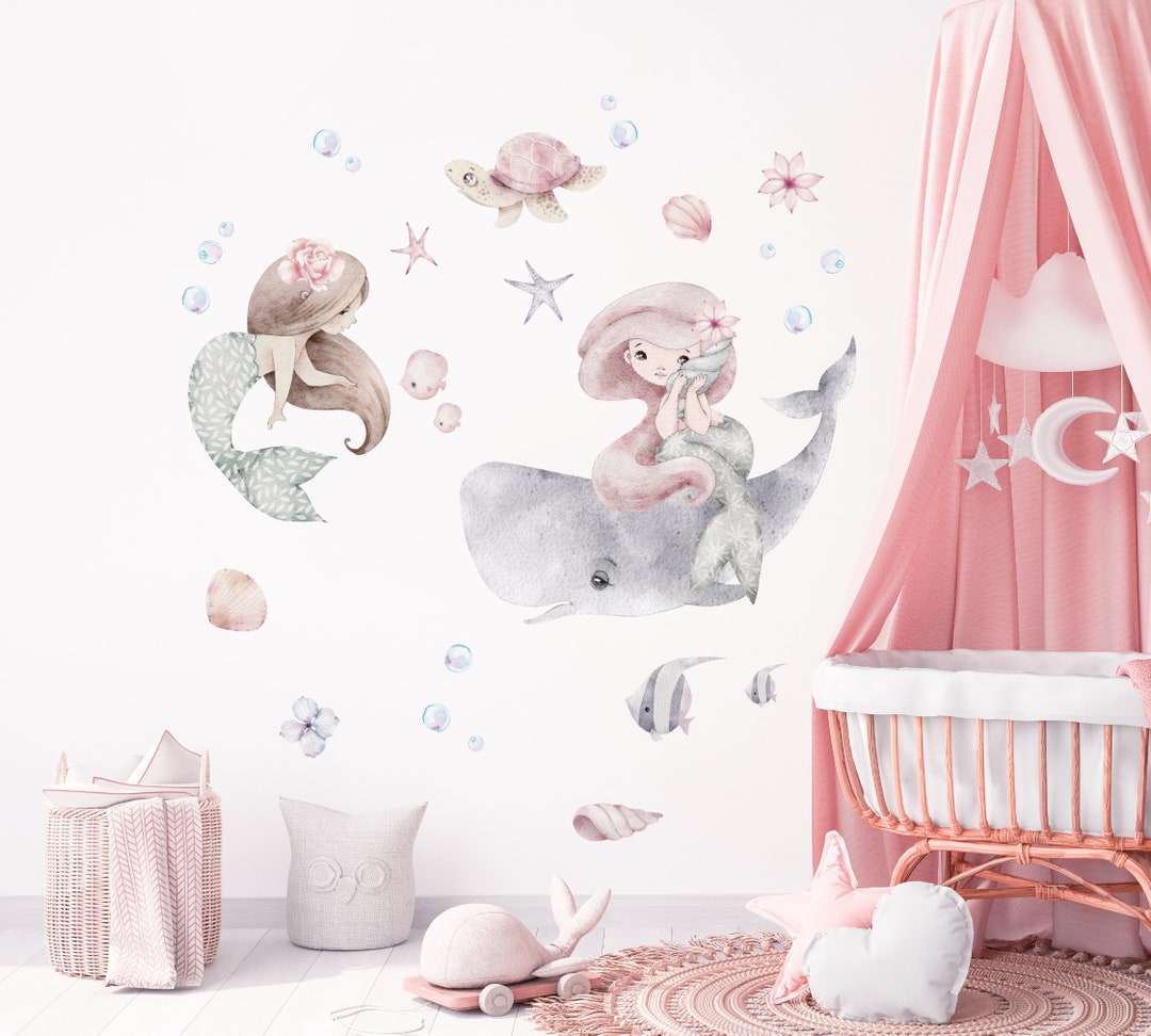 Mermaids Wall Decal Art Decor Custom Kids Sealife Watercolor Mermaid ...