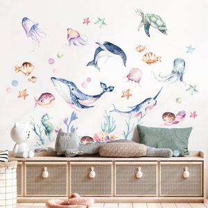 Ocean Animals Wall Decals Art Decor Custom Kids Animals Watercolor Sealife Decorations Decal Peel and Stick Sticker Nursery Room Mural Gift