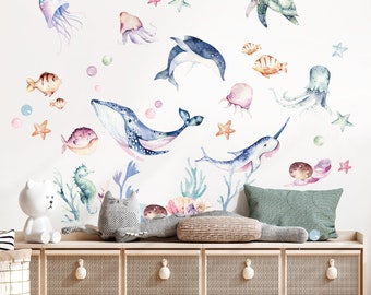 Ocean Animals Wall Decals Art Decor Custom Kids Animals Watercolor Sealife Decorations Decal Peel and Stick Sticker Nursery Room Mural Gift