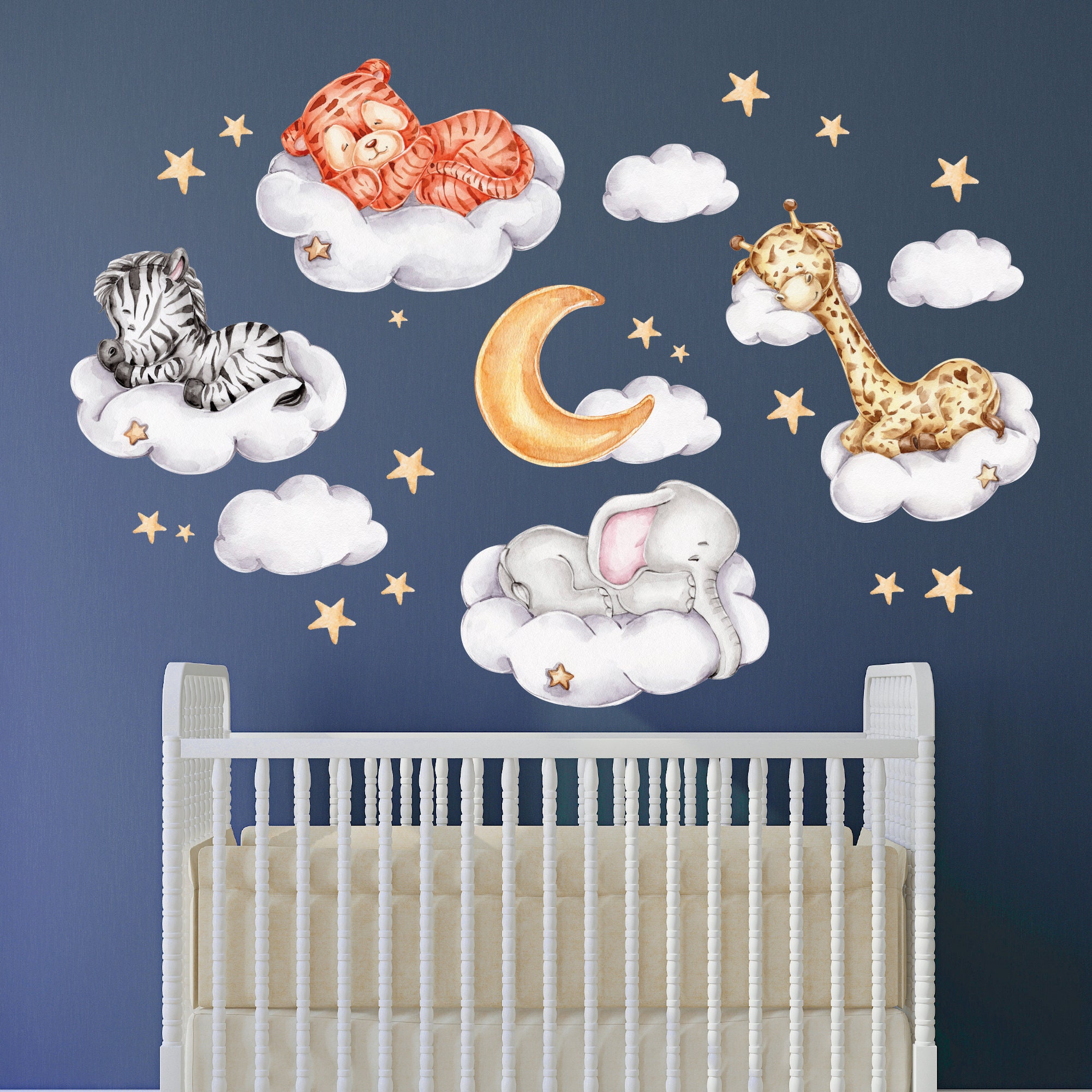 Sleeping Safari Animals Wall Decal Watercolor Lion Clouds Decor Art ...