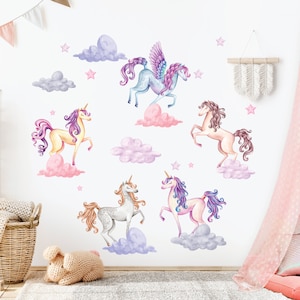Unicorn Pegasus Magical Wall Decal Art Decor Watercolor Kids Room | Unicorn Wall Stickers Nursery | Unicorn Theme Peel and Stick Vinyl Decal