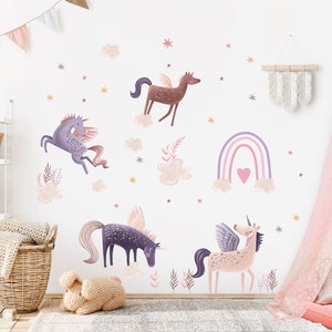 Unicorn Pegasus Wall Decal Art Decor Watercolor Kids Room | Unicorn Wall Stickers Nursery | Unicorn Theme Peel and Stick Vinyl Decal Gift