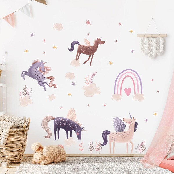 Sticker mural licorne pégase Art déco aquarelle pour chambre d'enfants | Stickers muraux licorne pour chambre de bébé | Décalcomanie en vinyle autocollant sur le thème de la licorne