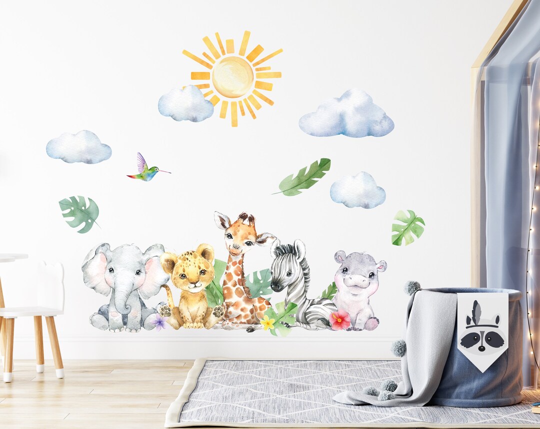 Baby Safari Wall Decal Art Decor Watercolor Peel and Stick Kids Lion ...