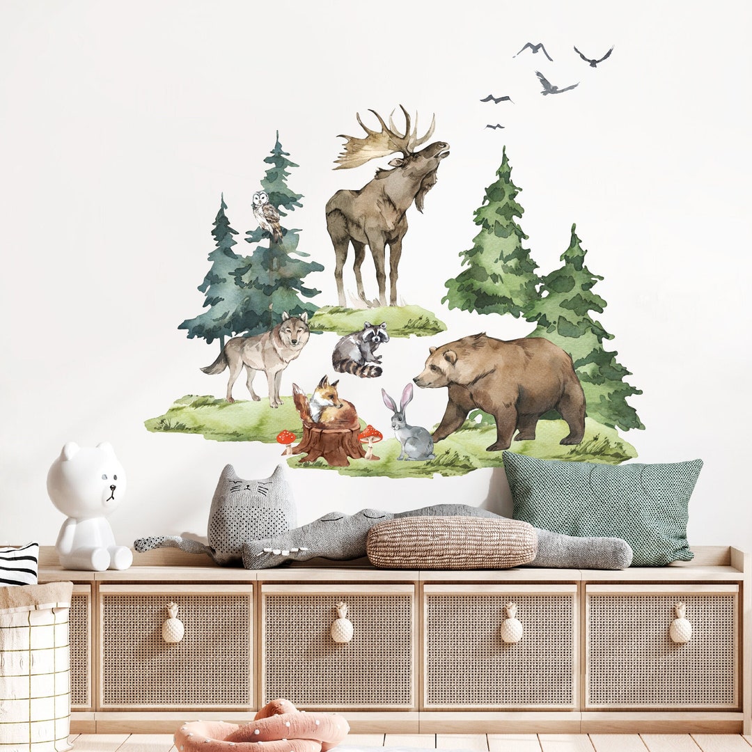 Realistic Forest Animal Wall Decals Decor Art Tree Woodland Theme Wolf ...