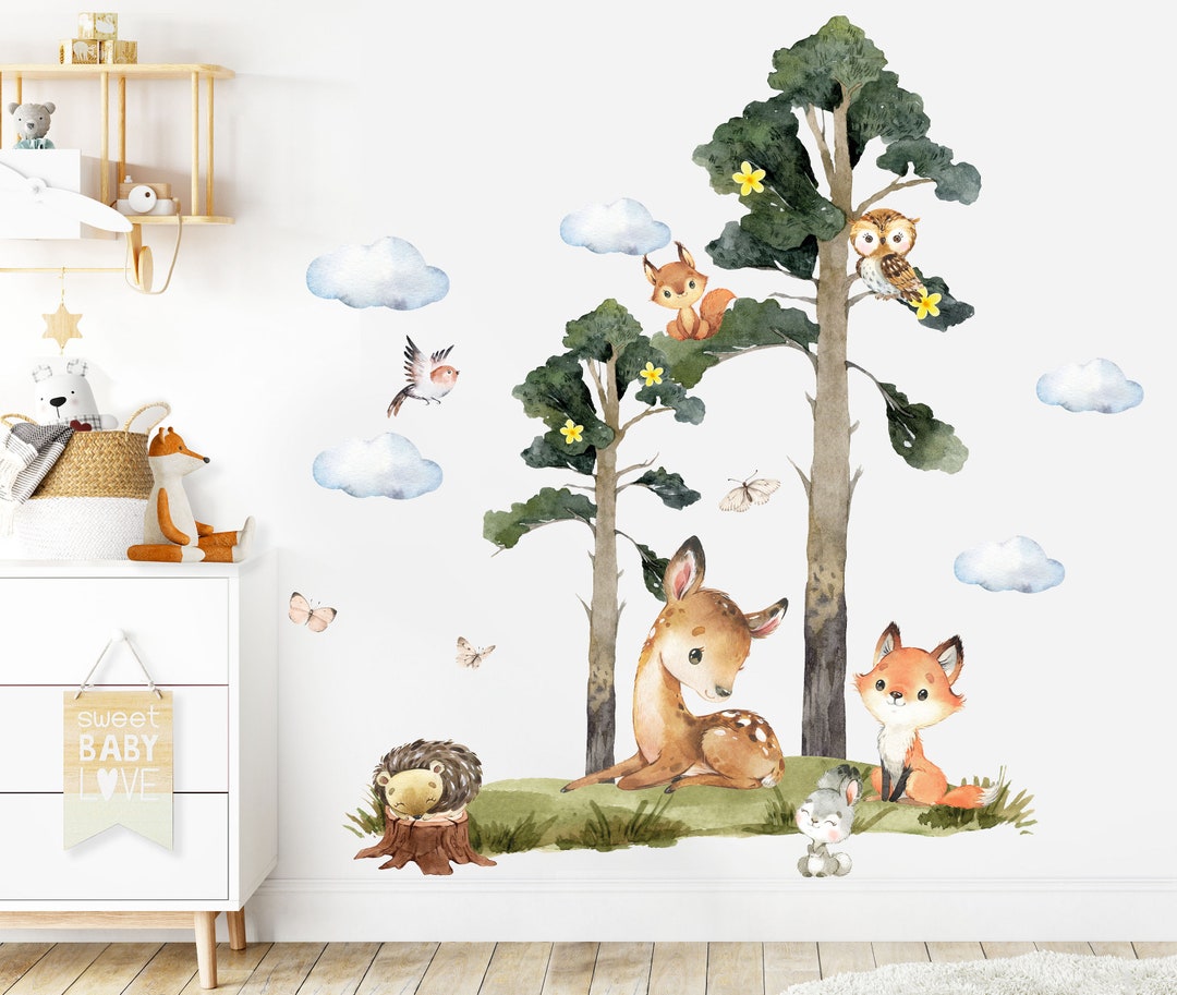 Forest Animals Wall Stickers Watercolor Deer Decal Woodland Theme Fox ...