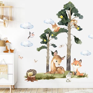 May include: A set of woodland animal wall decals featuring a deer, fox, owl, squirrel, hedgehog, and butterfly. The decals are on a white background with green trees and clouds.