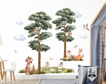 May include: Watercolor wall decals featuring a forest scene with trees, clouds, and woodland animals. The design includes a bear, squirrel, fox, rabbit, and mouse. The color palette is soft, with greens, browns, and blues.