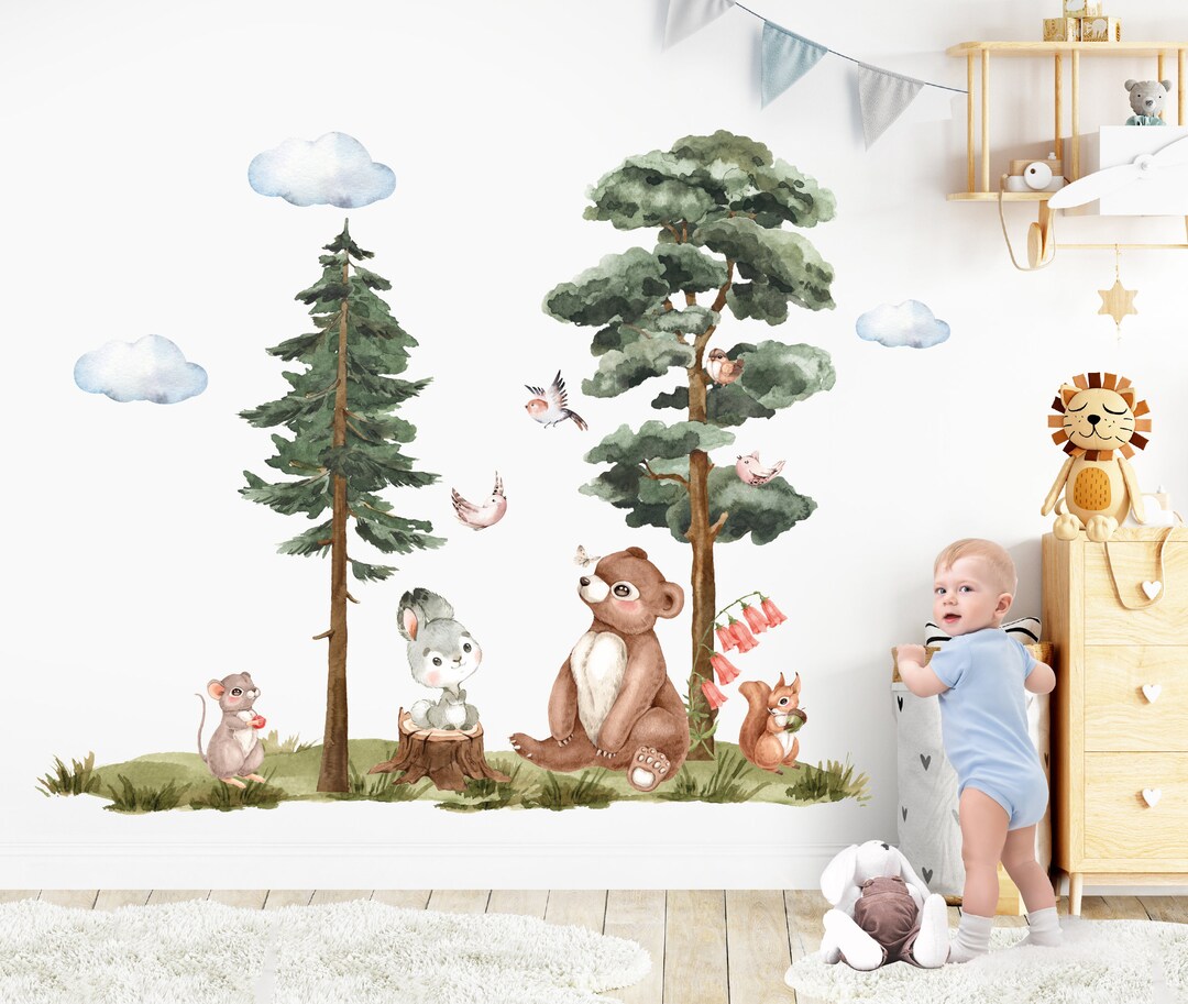 Baby Forest Animals Wall Decal Decor Art Watercolor Woodland Theme Bear ...