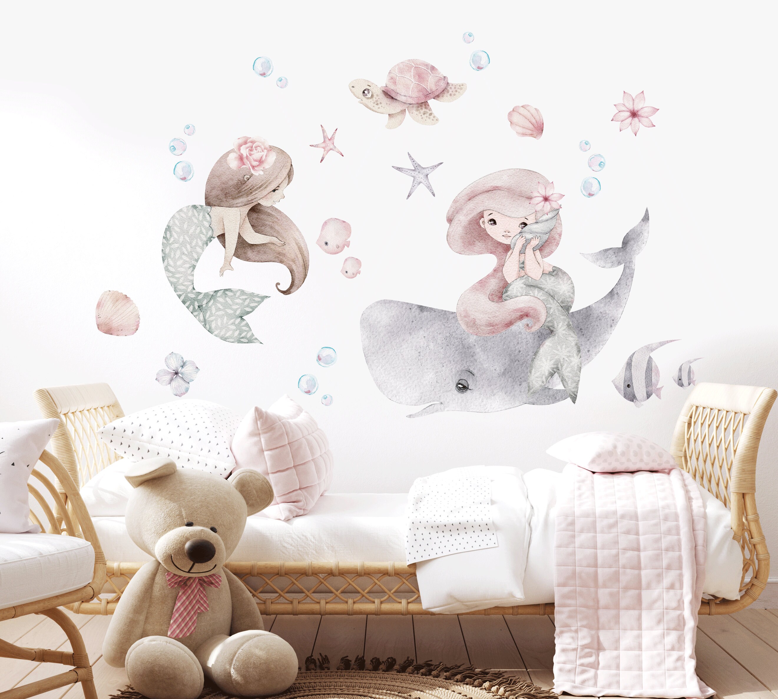 Mermaids Wall Decal Art Decor Custom Kids Sealife Watercolor Mermaid ...