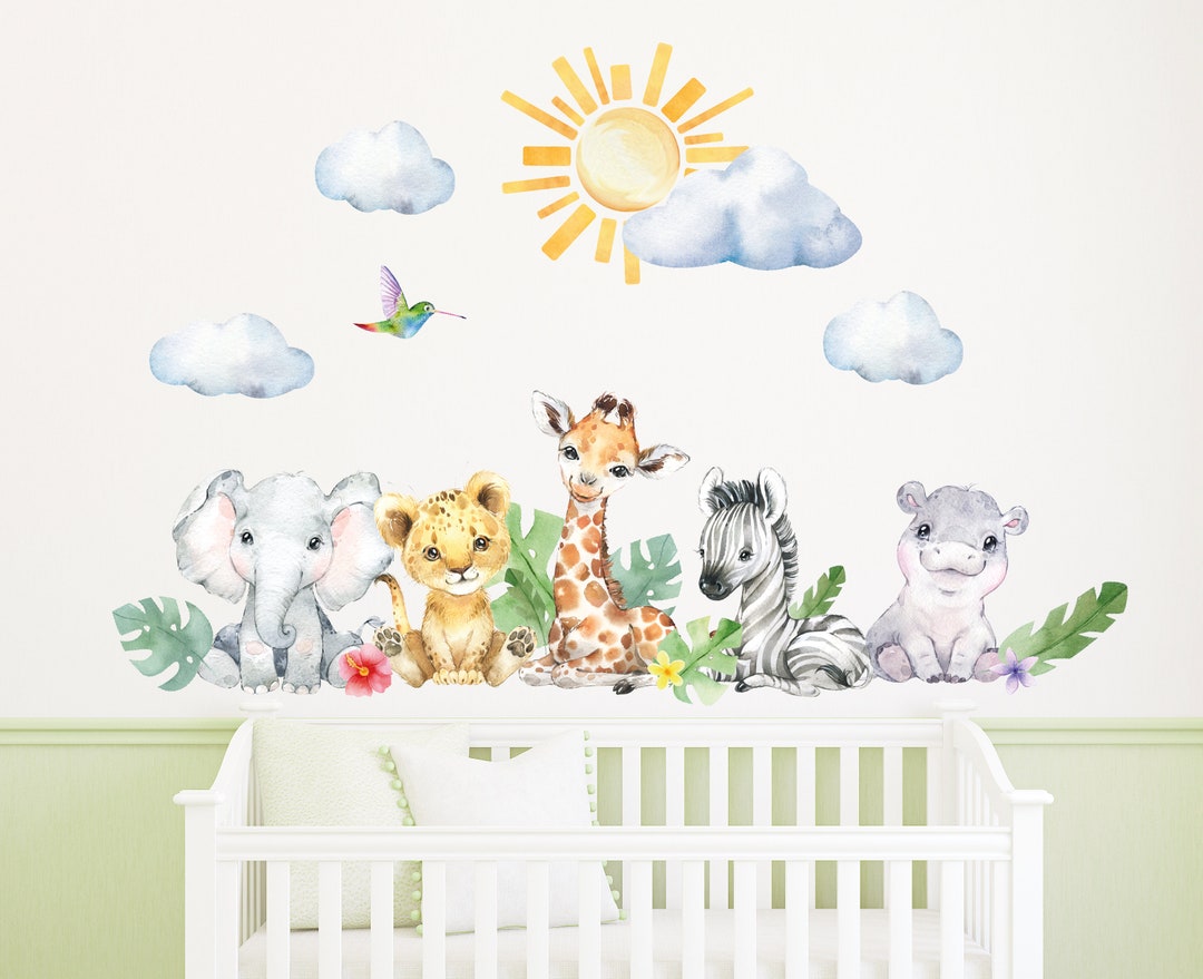 Baby Safari Wall Decals Art Decor Custom Kids Jungle Watercolor Decal Peel and Stick Sticker