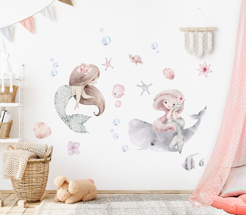Mermaids Wall Decal Art Decor Custom Kids Sealife Watercolor Mermaid ...